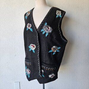 Vintage Gray Wool Yarn Embroidered Floral Western Rodeo Ranch Vest 2XL/XXL